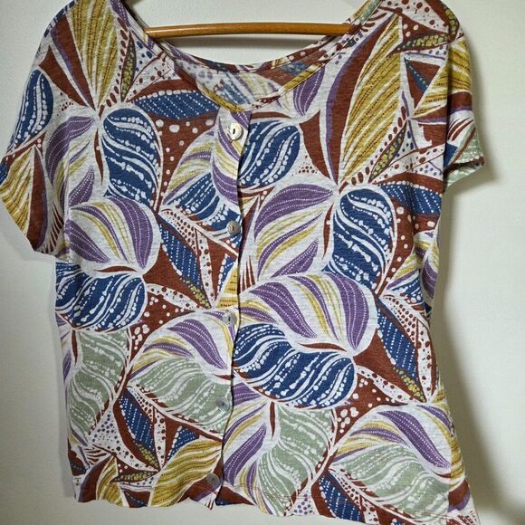 EUC FOLIAGE PRINT 100% LINEN CAP SLEEVES TOP SIZE MEDIUM WOMENS - Picture 5 of 16